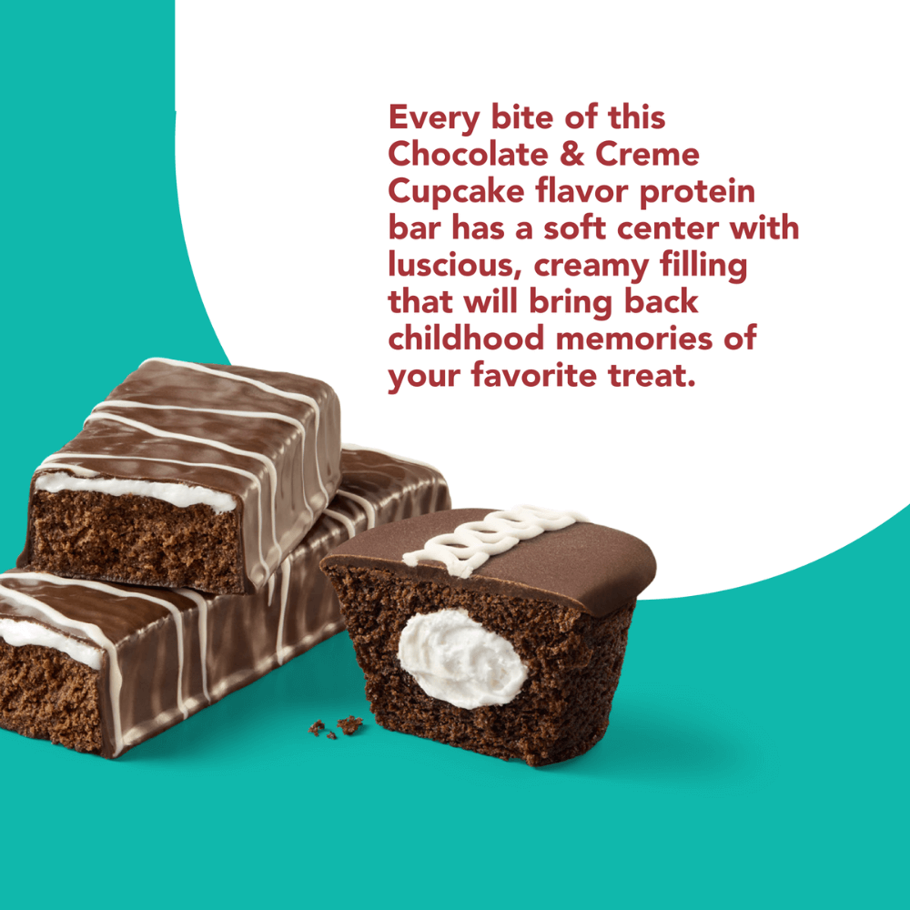 High Protein Bar, Chocolate Crème Cupcake  - Every bite of this Chocolate & Creme CupcakeBoston Creme Pie flavored protein bar has a soft center with luscious, creamy filling that will bring back childhood memories of your favorite treats.