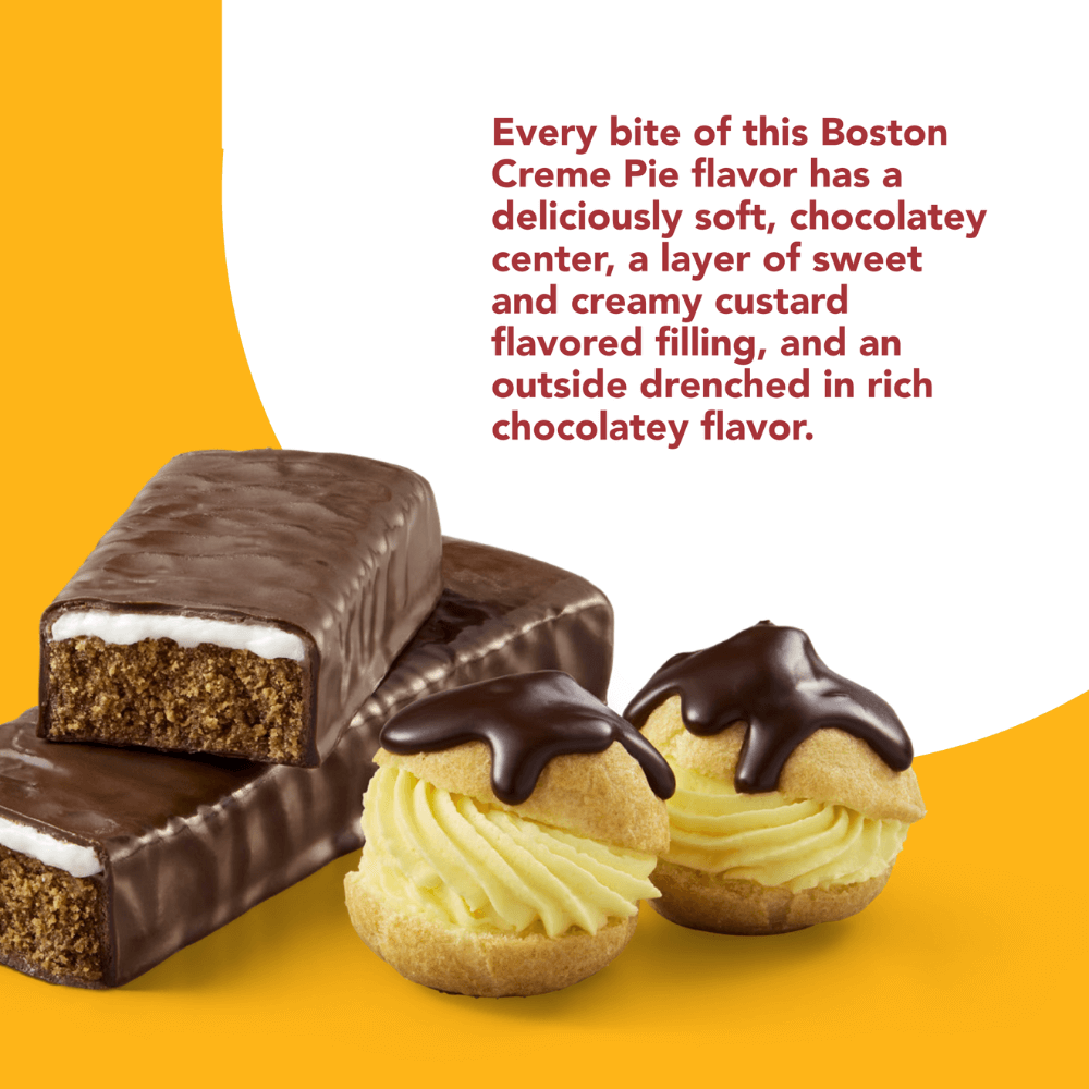 High Protein Bar, Boston Crème Pie -  Every bite of this Boston Creme Pie flavored protein bar as a deliciously soft, chocolatey center, a layer of sweet and creamy custard flavored filling, and an outside drenched in rich, chocolatey flavor. You'll think you're enjoying your favorite bakery treat!