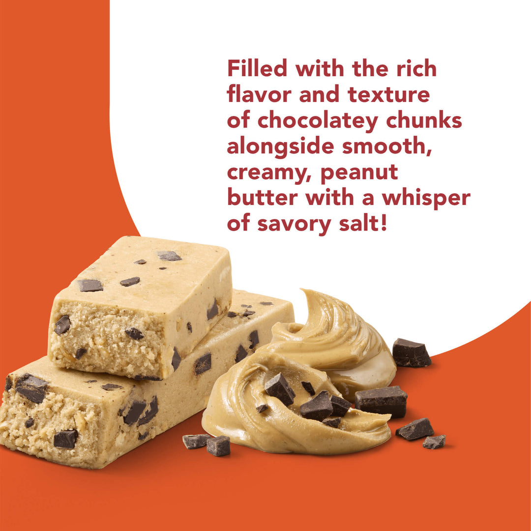 High Protein Bar, Peanut Butter Chocolate Chunk - Filled with the rich flavor and texture of chocolatey chunks alongside smooth, creamy, peanut butter with a whisper of savory salt!